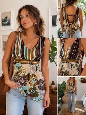Maurices Multicolor Striped & Floral V-Neck Tank Top